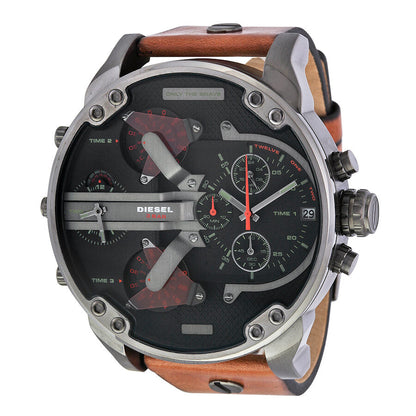 Diesel Mr. Daddy 2.0 chronograph watch with black dial and brown leather strap