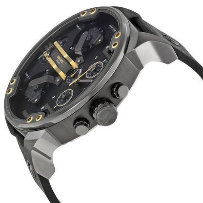 Side angle view of Diesel Mr. Daddy 2.0 watch showing gunmetal case and black leather strap