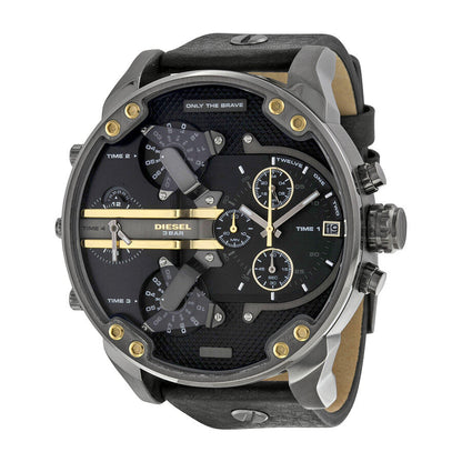 Diesel Mr. Daddy 2.0 black dial chronograph watch with dual time zones and gold accents