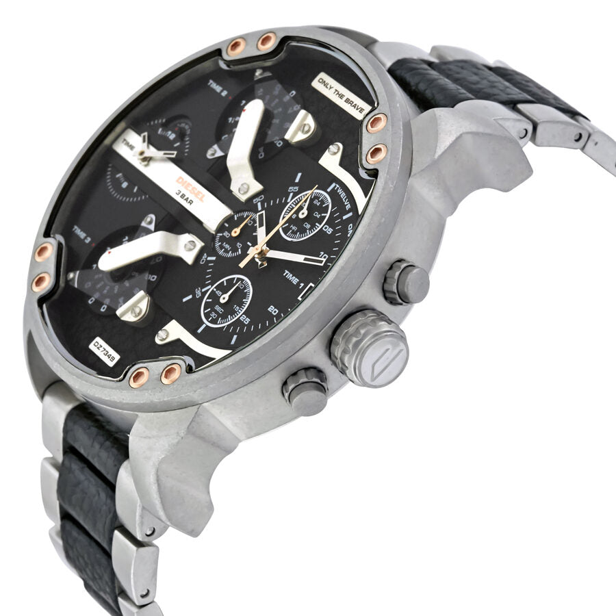 Angled side view of Diesel Mr. Daddy 2.0 watch showing dual subdials and rose gold pushers
