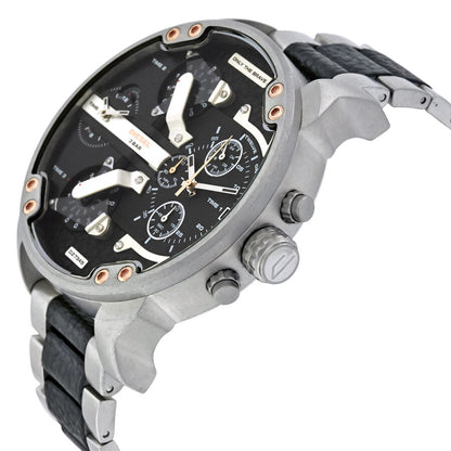 Angled side view of Diesel Mr. Daddy 2.0 watch showing dual subdials and rose gold pushers