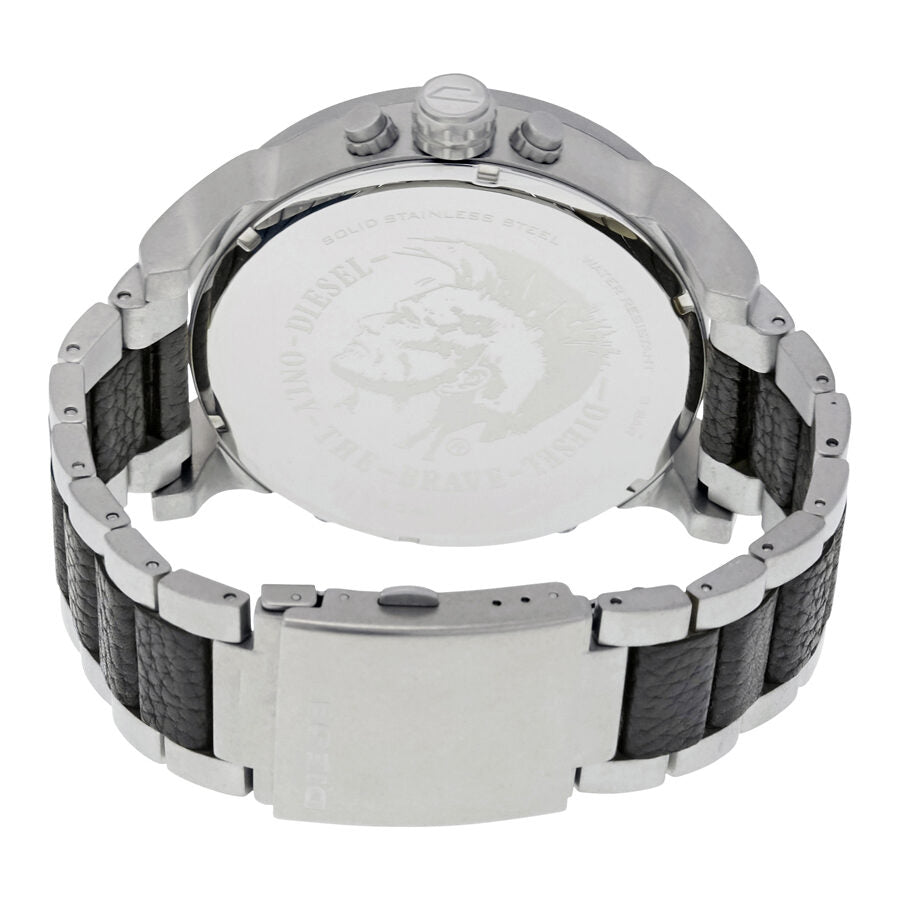 Caseback view of Diesel Mr. Daddy 2.0 showing stainless steel case and leather strap