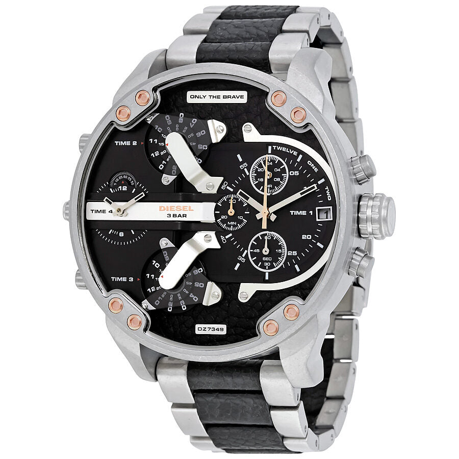 Diesel Mr. Daddy 2.0 black dial chronograph watch with stainless steel and black leather strap
