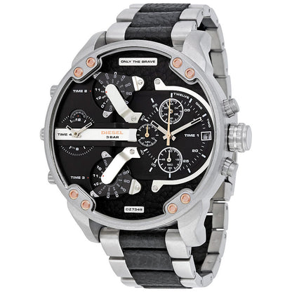 Diesel Mr. Daddy 2.0 black dial chronograph watch with stainless steel and black leather strap