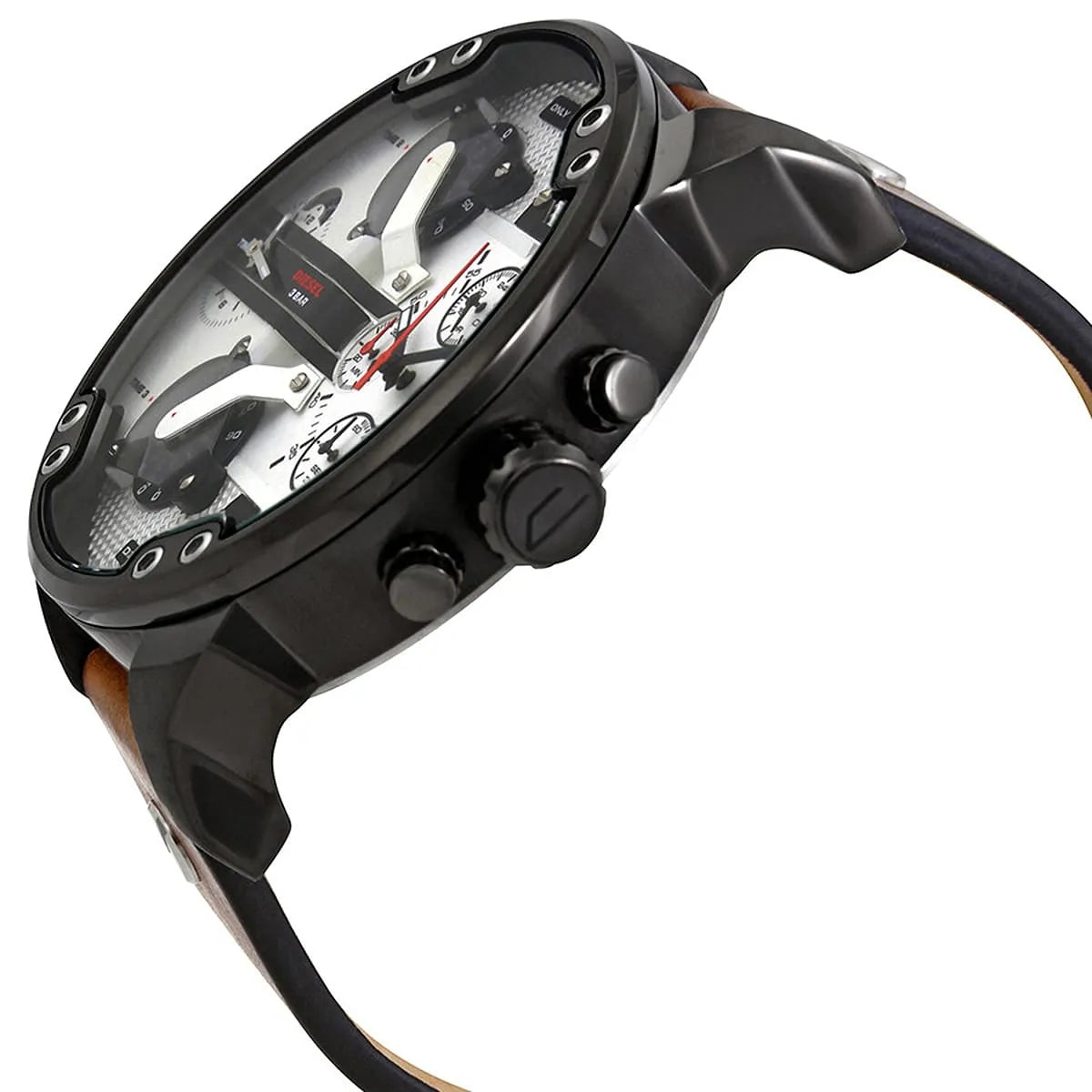 Angled view of Diesel Mr. Daddy 2.0 chronograph with silver dial and brown leather strap