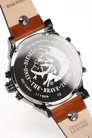 Caseback of Diesel Mr. Daddy 2.0 watch showing Only The Brave branding and brown leather strap