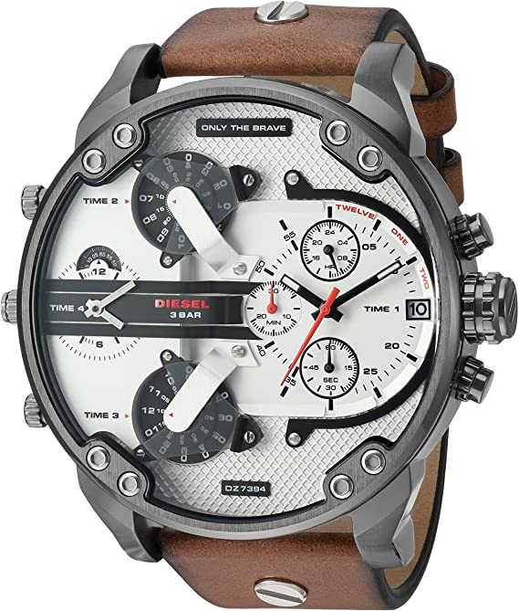 Diesel Mr. Daddy 2.0 chronograph watch with silver dial, gunmetal case, brown leather strap, and multiple subdials