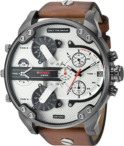 Diesel Mr. Daddy 2.0 chronograph watch with silver dial, gunmetal case, brown leather strap, and multiple subdials