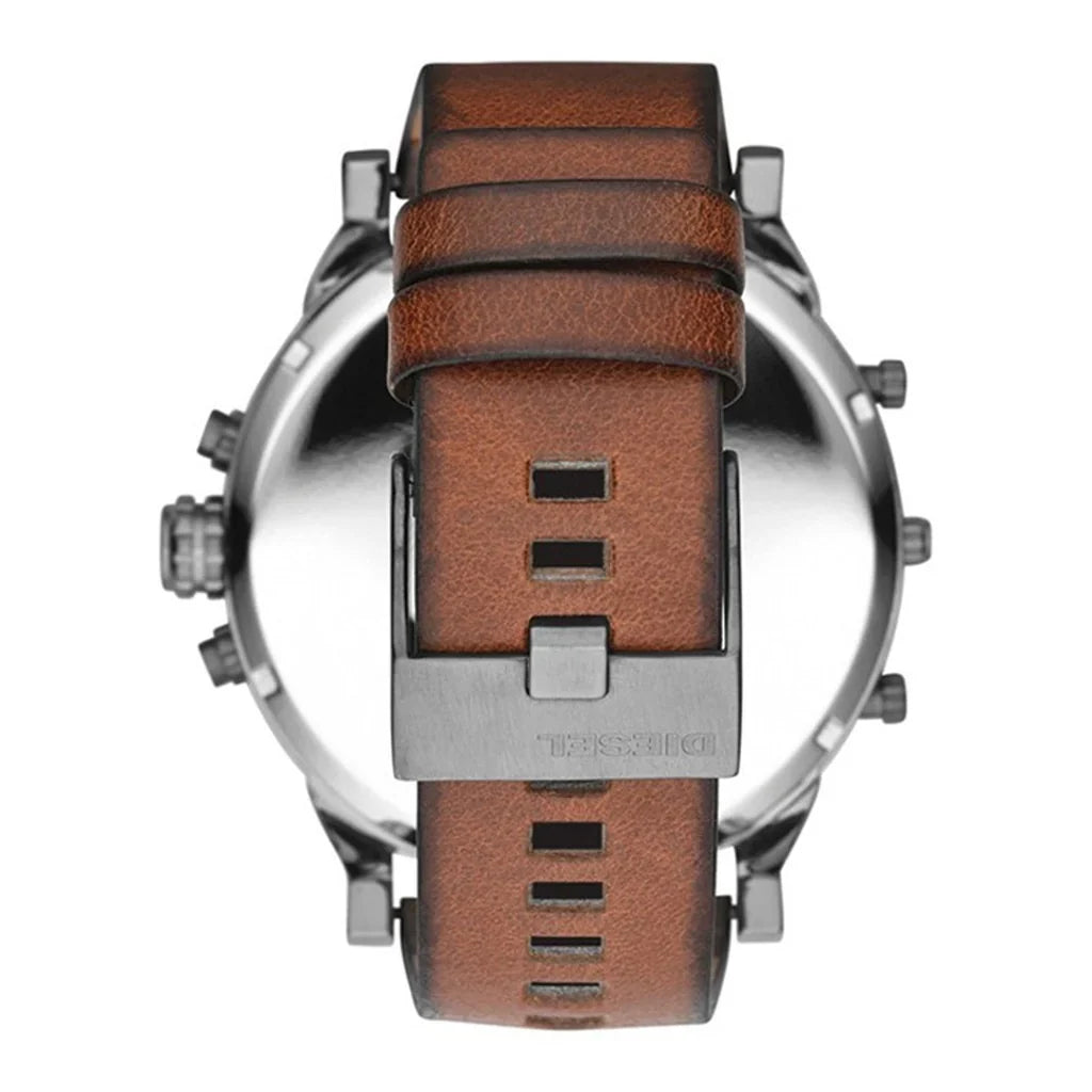 Brown leather strap of Diesel Mr. Daddy 2.0 watch with stainless steel buckle and Diesel engraving