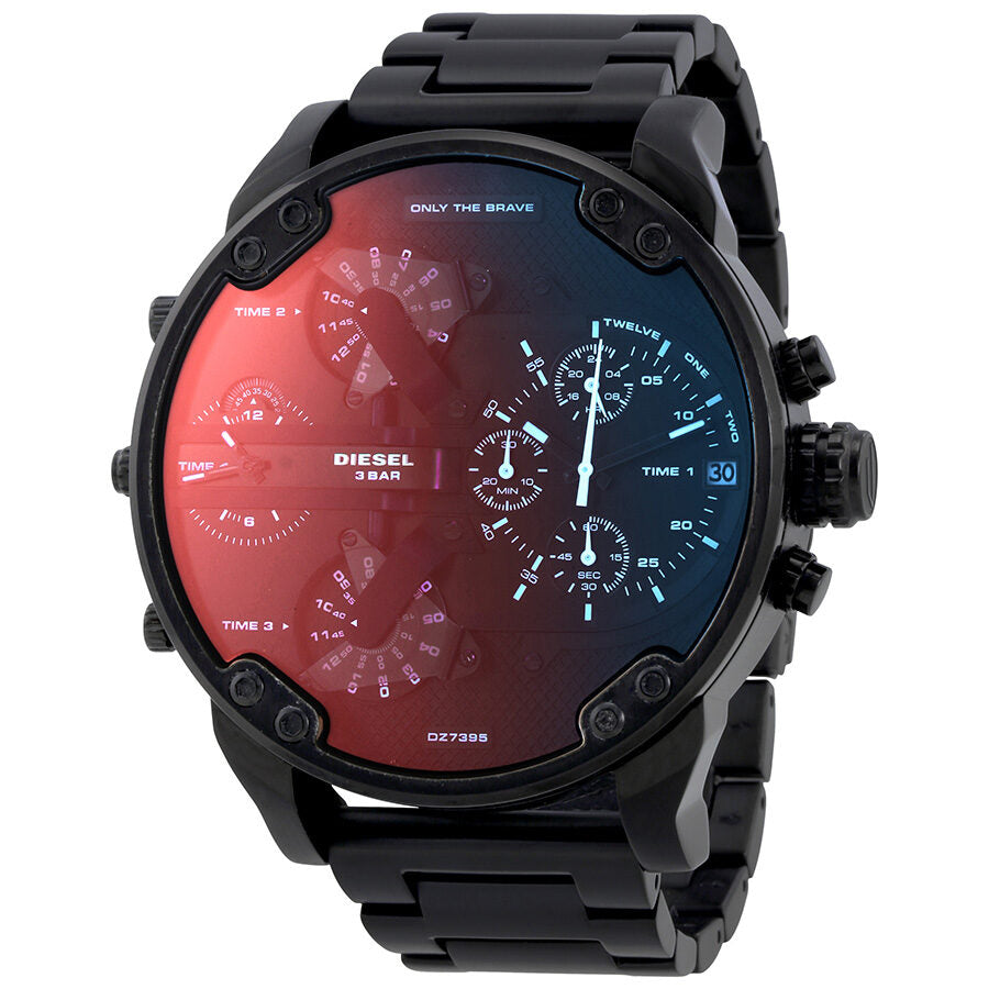 Diesel Mr. Daddy 2.0 DZ7395 chronograph watch with red and blue dial and black steel bracelet
