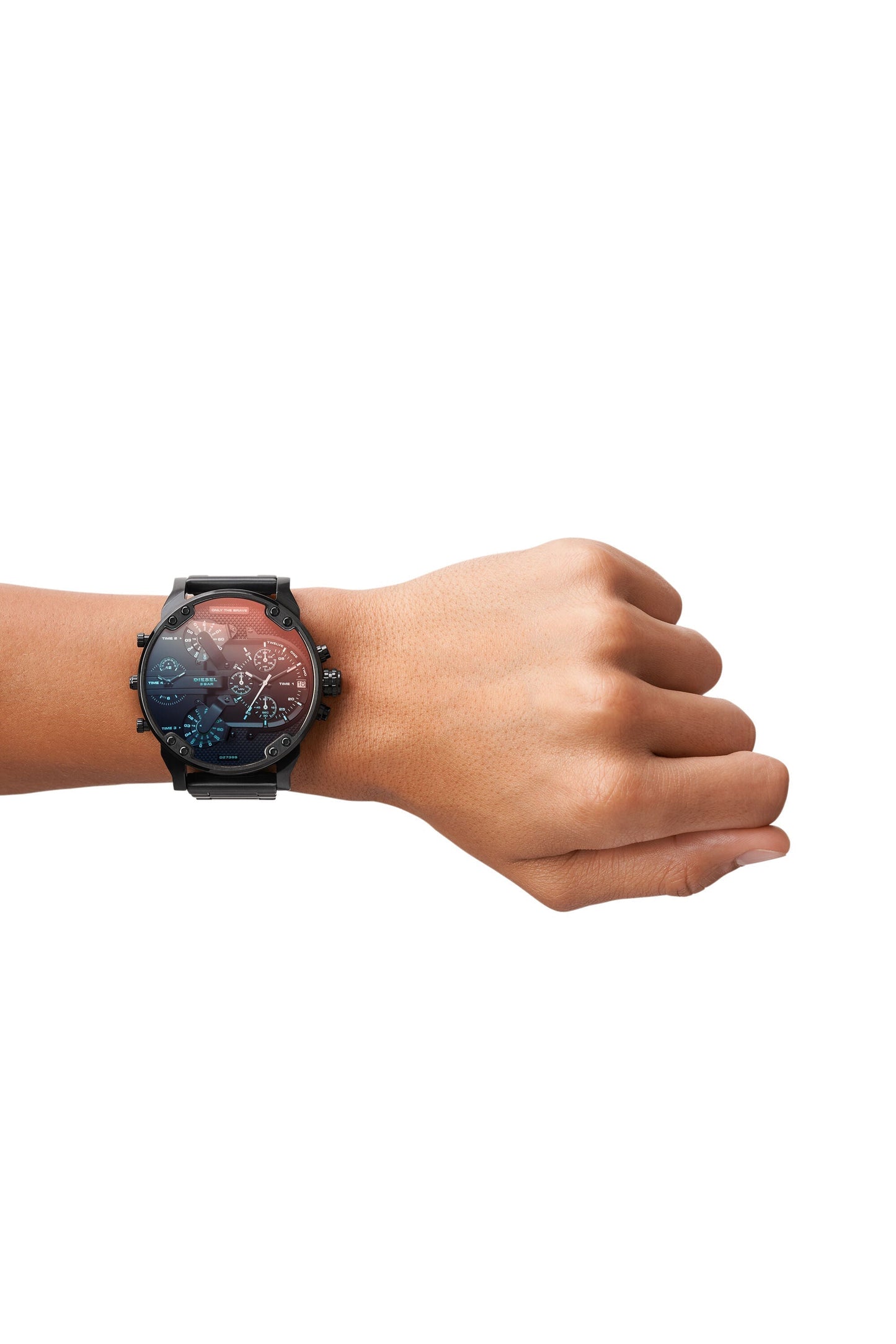 Diesel Mr. Daddy 2.0 DZ7395 worn on wrist showing red and blue chronograph dial