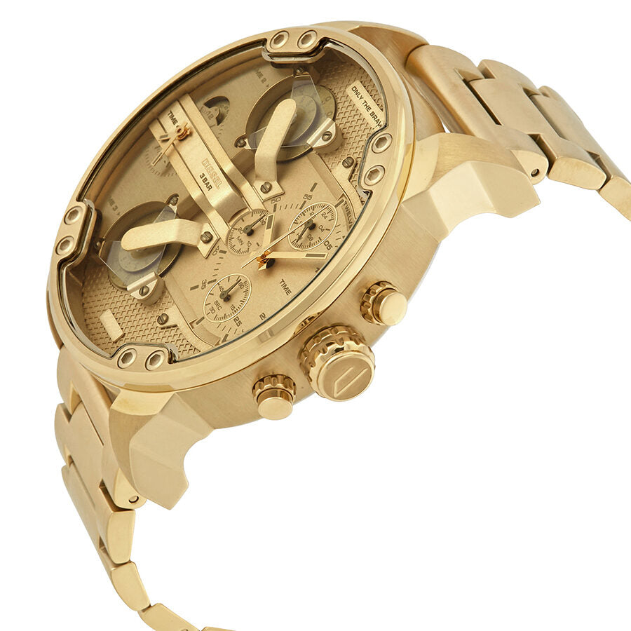 Side angle view of all-gold Mr. Daddy 2.0 watch showing chronograph subdials and thick case