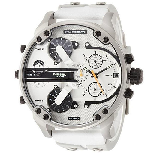 Diesel Mr Daddy 2.0 chronograph men's watch with white dial and multiple time zone subdials