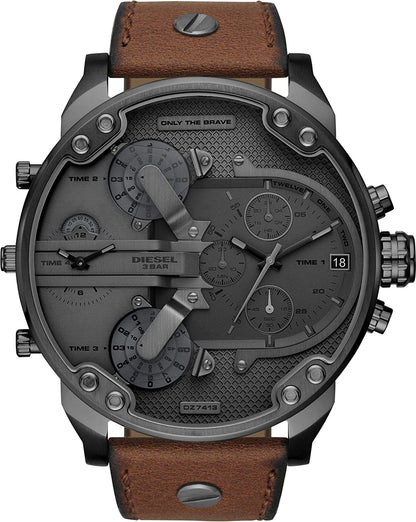Diesel Mr. Daddy 2.0 chronograph watch with grey dial and brown leather strap, front view