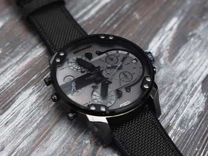 Diesel Mr. Daddy 2.0 chronograph watch angled view on fabric background