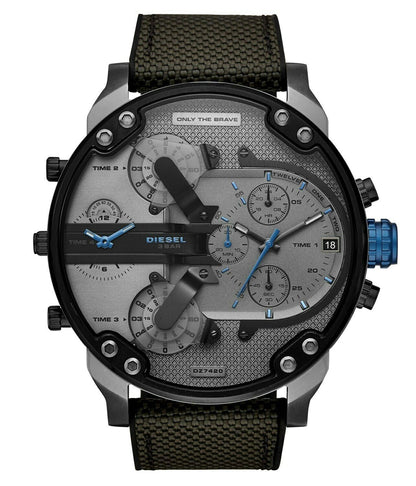 Diesel Mr. Daddy 2.0 chronograph watch front view with dual time zones and blue pushers
