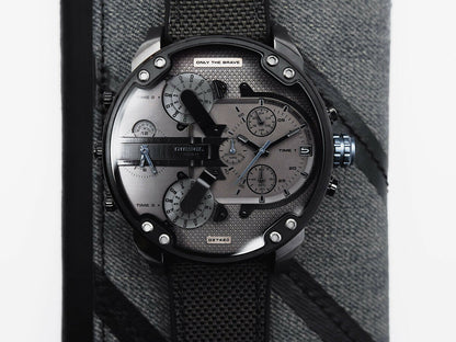 Diesel Mr. Daddy 2.0 chronograph watch flat lay with gray dial and multiple subdials