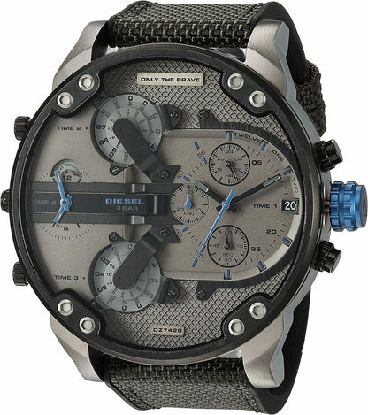 Diesel Mr. Daddy 2.0 chronograph watch with gray dial, multiple subdials, blue hands, and black fabric strap