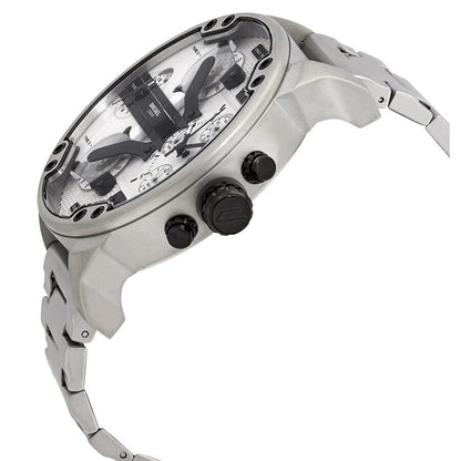 Diesel Mr. Daddy 2.0 angled view showing white dial, chronograph subdials, and silver metal bracelet