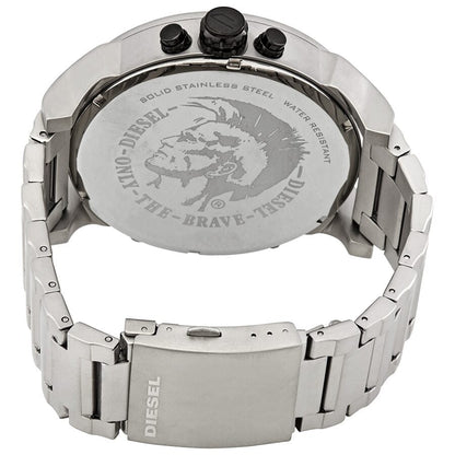 Diesel Mr. Daddy 2.0 caseback showing stainless steel engraved with Diesel branding and only the brave motto