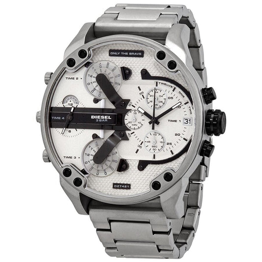 Diesel Mr. Daddy 2.0 chronograph men's watch with white dial and silver stainless steel case