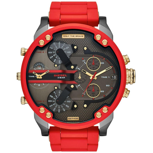 Diesel Mr Daddy 2.0 watch with red case, black dial, dual time displays, and red strap