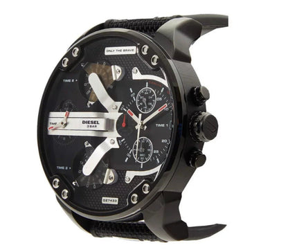 Diesel Mr. Daddy 2.0 watch side view showing black case, dial, and textile strap with red stitching