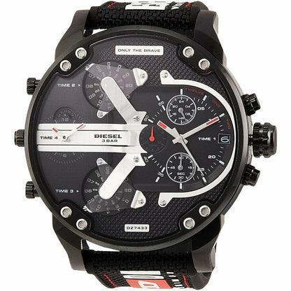 Diesel Mr. Daddy 2.0 chronograph watch with black dial, white hands, and black textile strap
