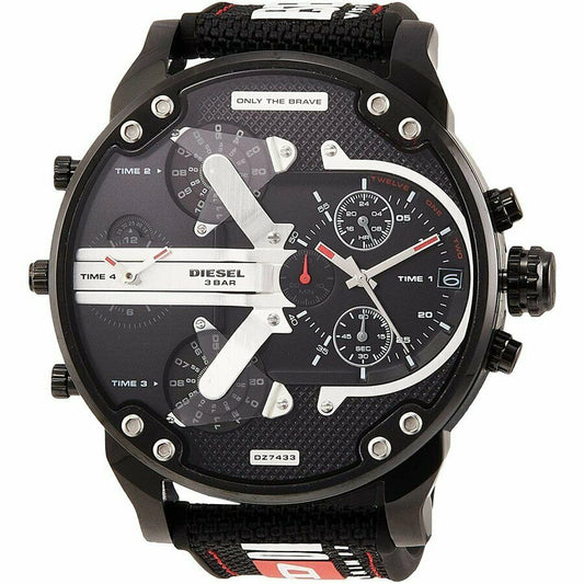 Diesel Mr. Daddy 2.0 chronograph watch with black dial, white hands, and black textile strap
