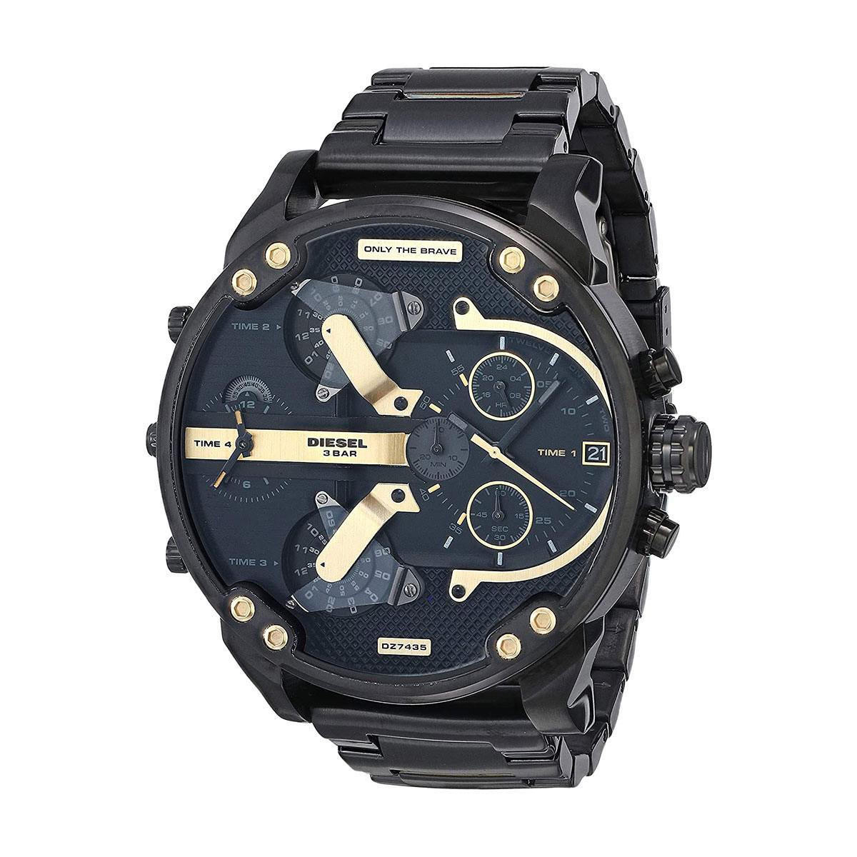 Diesel Mr. Daddy 2.0 three-quarter view showing bold black case with gold accents and chronograph complications