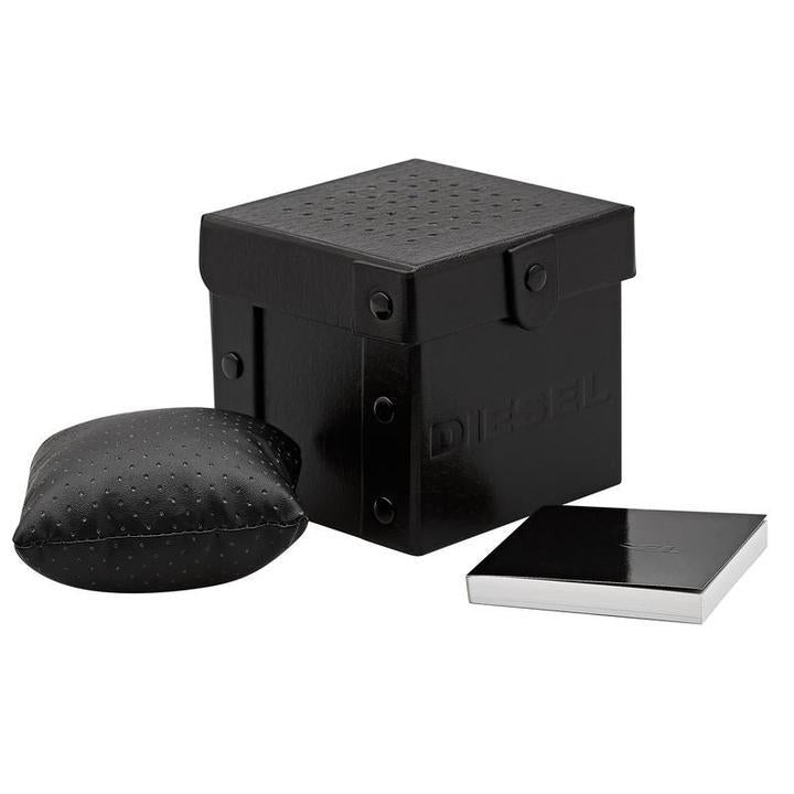 Black Diesel watch box with perforated lid, black watch case, and metal card holder included