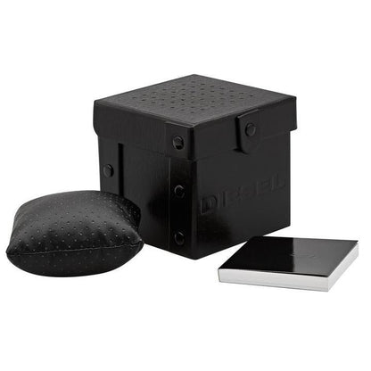 Black Diesel watch box with perforated lid, black watch case, and metal card holder included