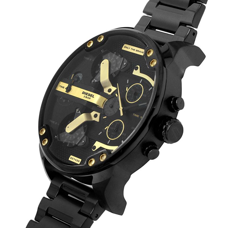 Side profile of black chronograph watch with oversized case and push button chronograph at 2 o'clock position