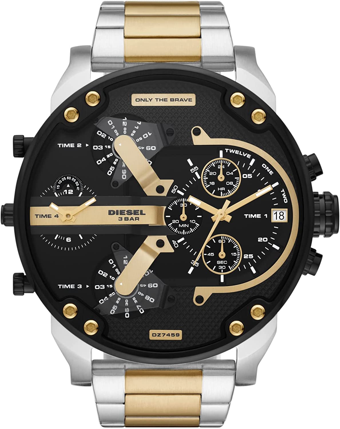 Diesel Mr. Daddy 2.0 black dial chronograph watch with gold and silver stainless steel bracelet