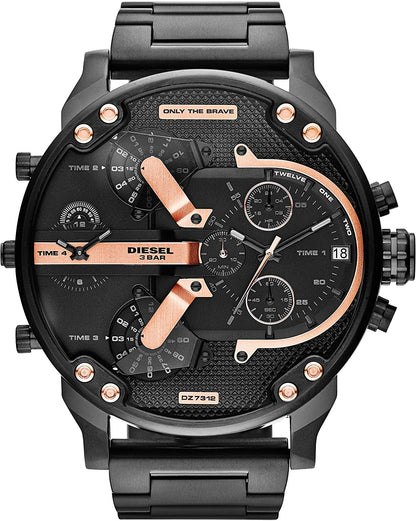 Diesel Mr Daddy chronograph watch with black dial, rose gold hands, and four time zone subdials