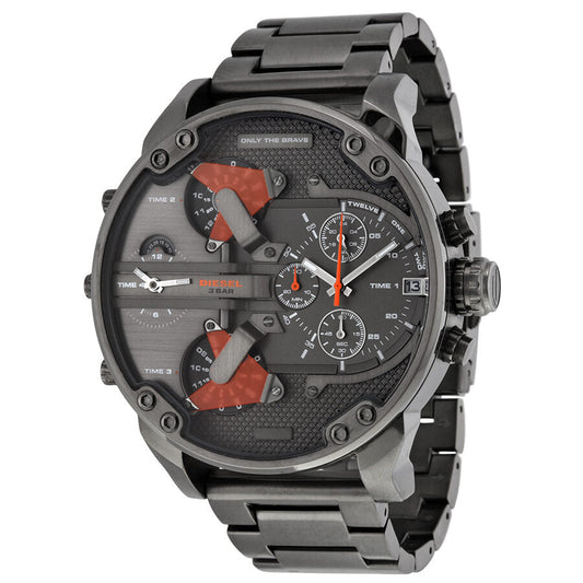 Diesel The Daddies DZ7315 chronograph watch with four time zone dial, gunmetal case, and steel bracelet