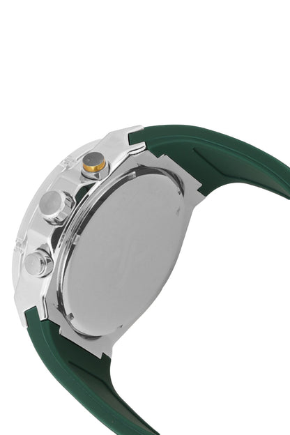 Daniel Klein chronograph watch angled view displaying case profile and green strap