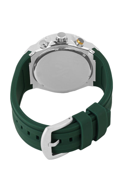 Daniel Klein watch caseback view with green silicone strap and silver case