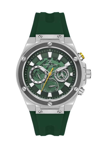 Daniel Klein watch front view with green skeleton dial and silver chronograph case