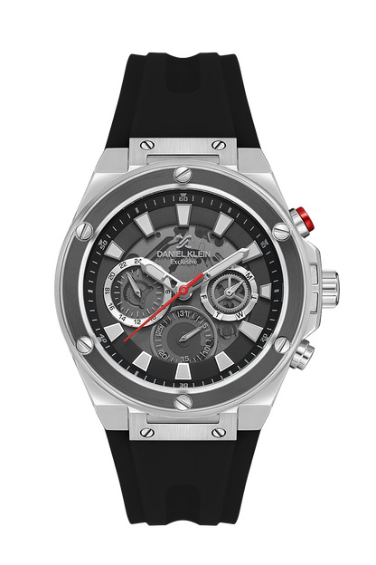 Daniel Klein DK.1.13889-1 watch with grey dial, silver case, and black silicone strap