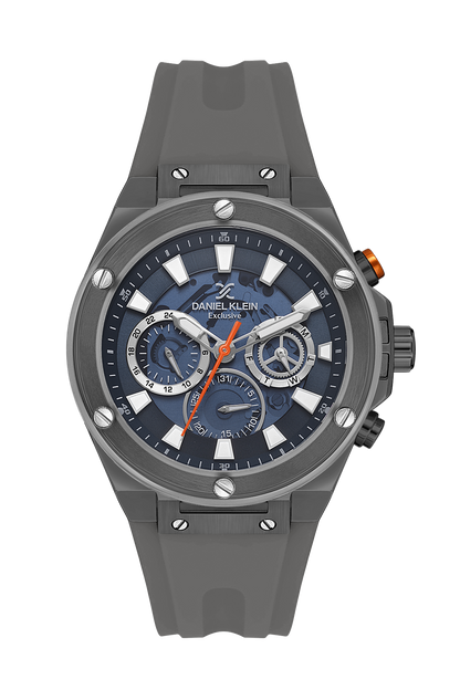 Daniel Klein Exclusive skeleton dial chronograph watch with blue face and grey silicone strap