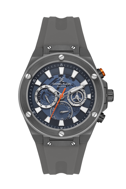 Daniel Klein Exclusive skeleton dial chronograph watch with blue face and grey silicone strap