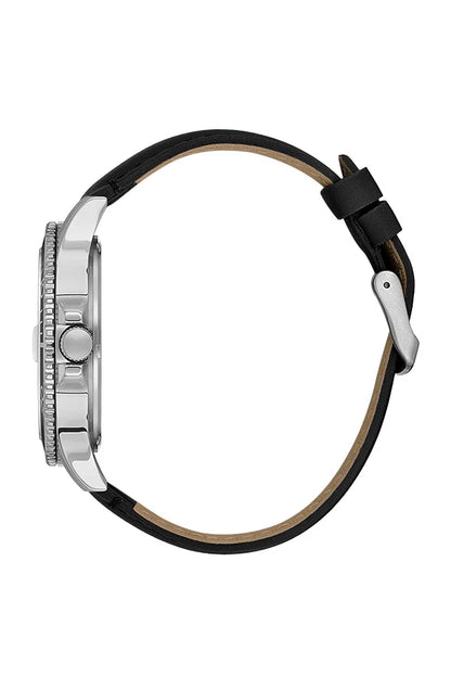 Daniel Klein watch side profile showing silver case and green leather strap