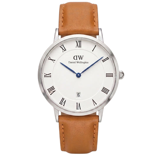Daniel Wellington Dapper Durham 38mm White Dial Brown Genuine Leather Silver Date Watch - DW00100116