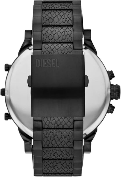 Diesel Mr. Daddy 2.0 DZ7468 caseback showing black-tone stainless steel and quilted bracelet
