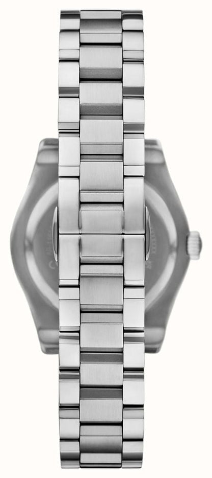 Caseback view of Emporio Armani AR11658 women's watch on stainless steel bracelet