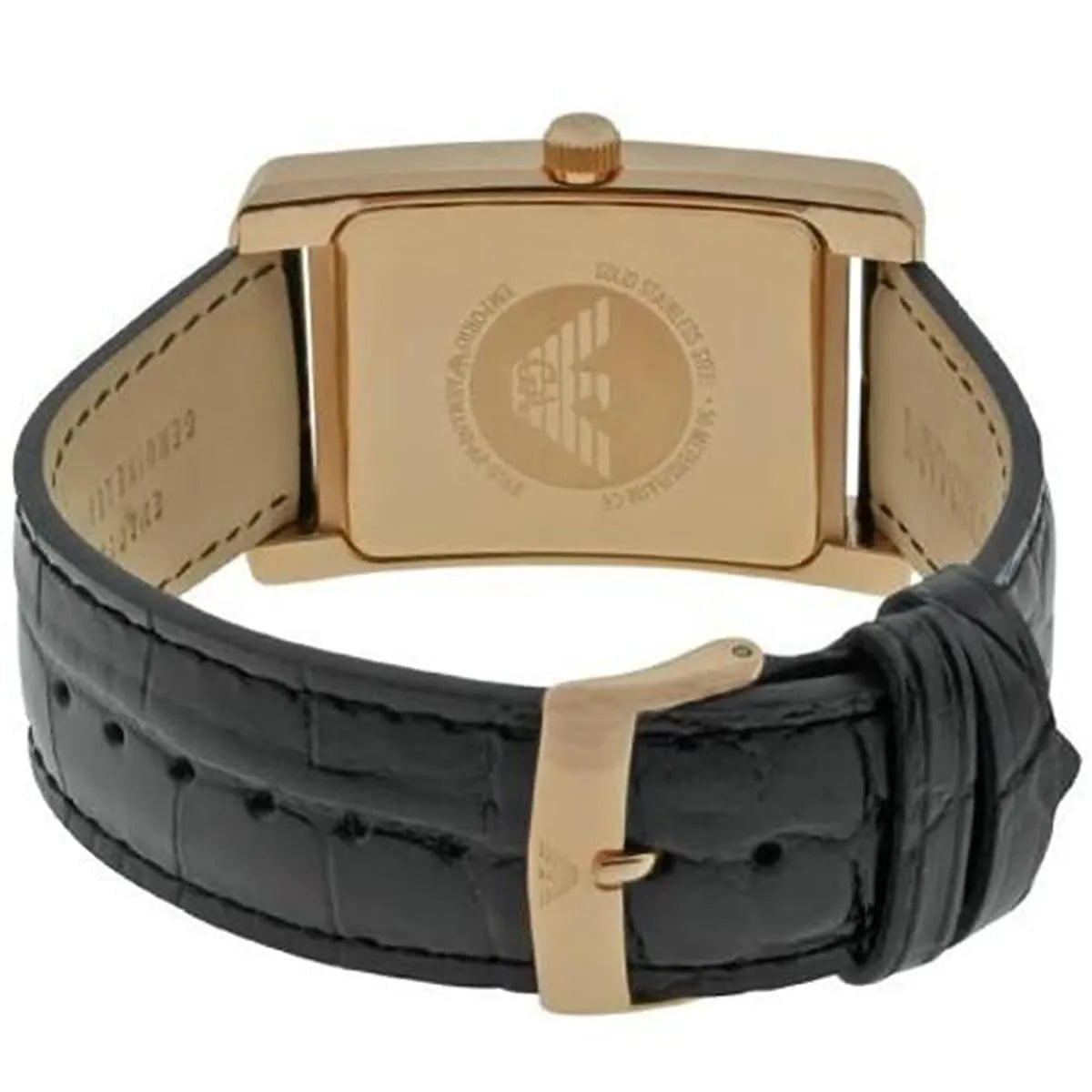Rose gold caseback of Emporio Armani AR0169 with Emporio Armani logo and black leather strap