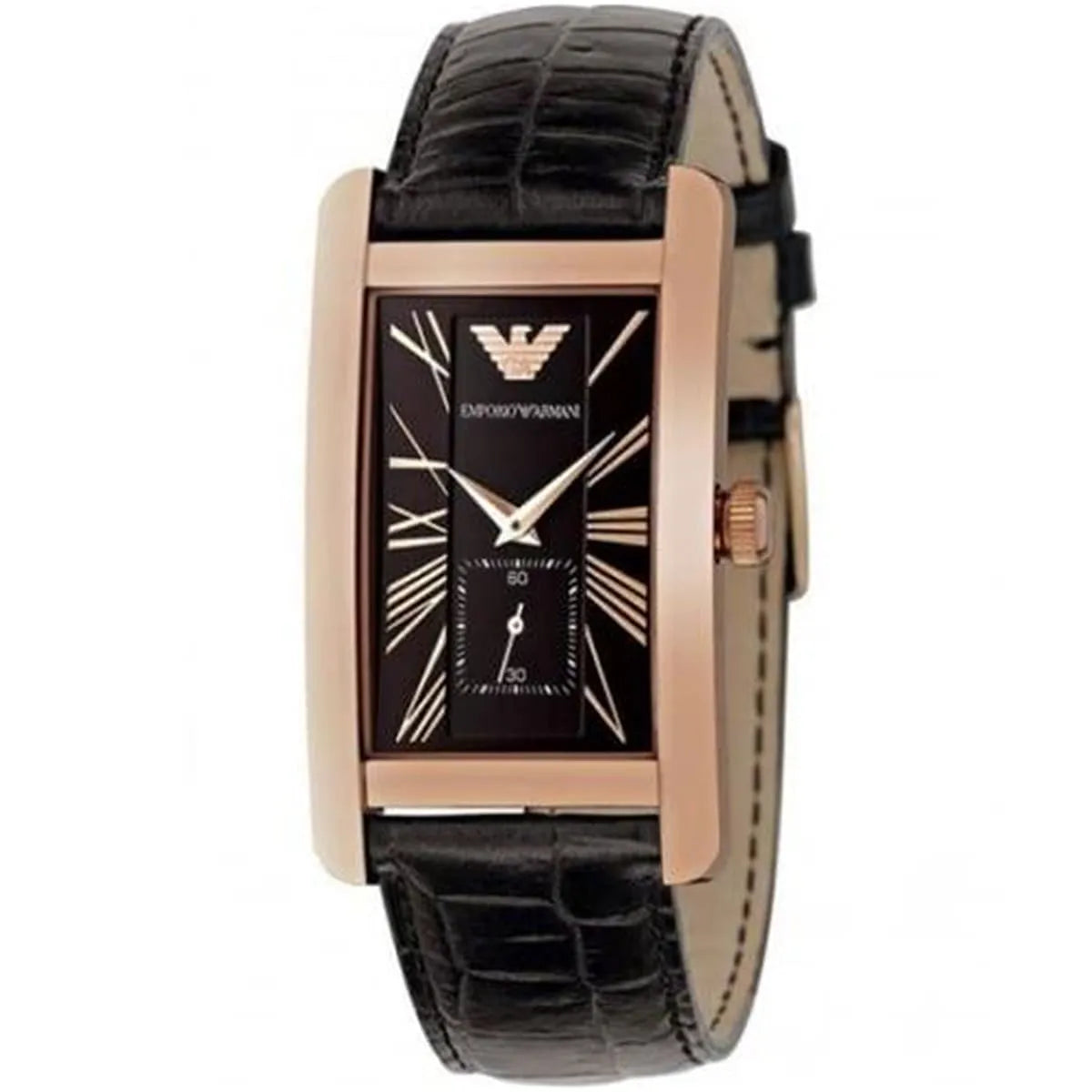 Emporio Armani rose gold rectangular watch AR0169 with black dial and black leather strap
