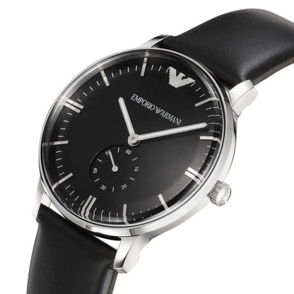 Emporio Armani AR0382 watch angled side view with black leather strap and sub-dial