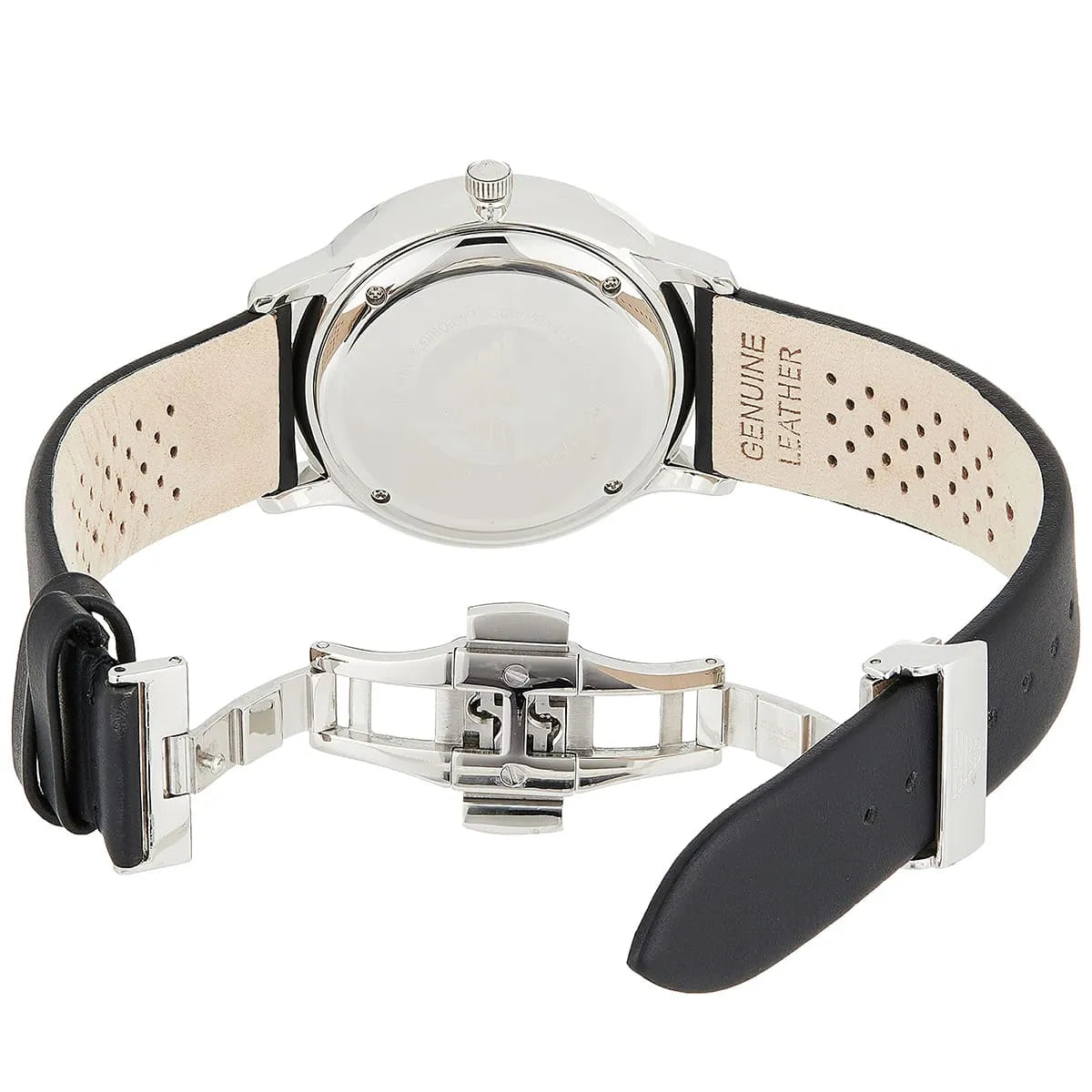 Emporio Armani AR0382 watch caseback and genuine leather strap with buckle detail